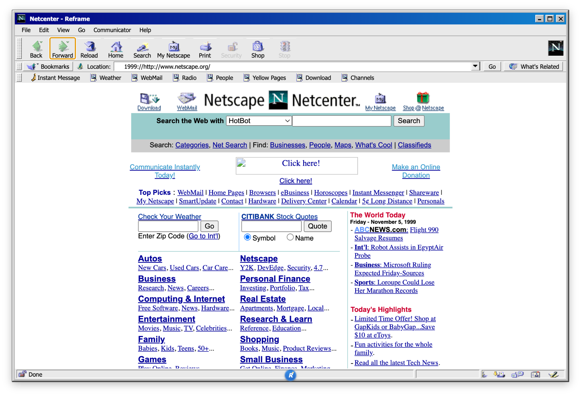 Reframe with Netscape Communicator 4.8 chrome showing Netcenter