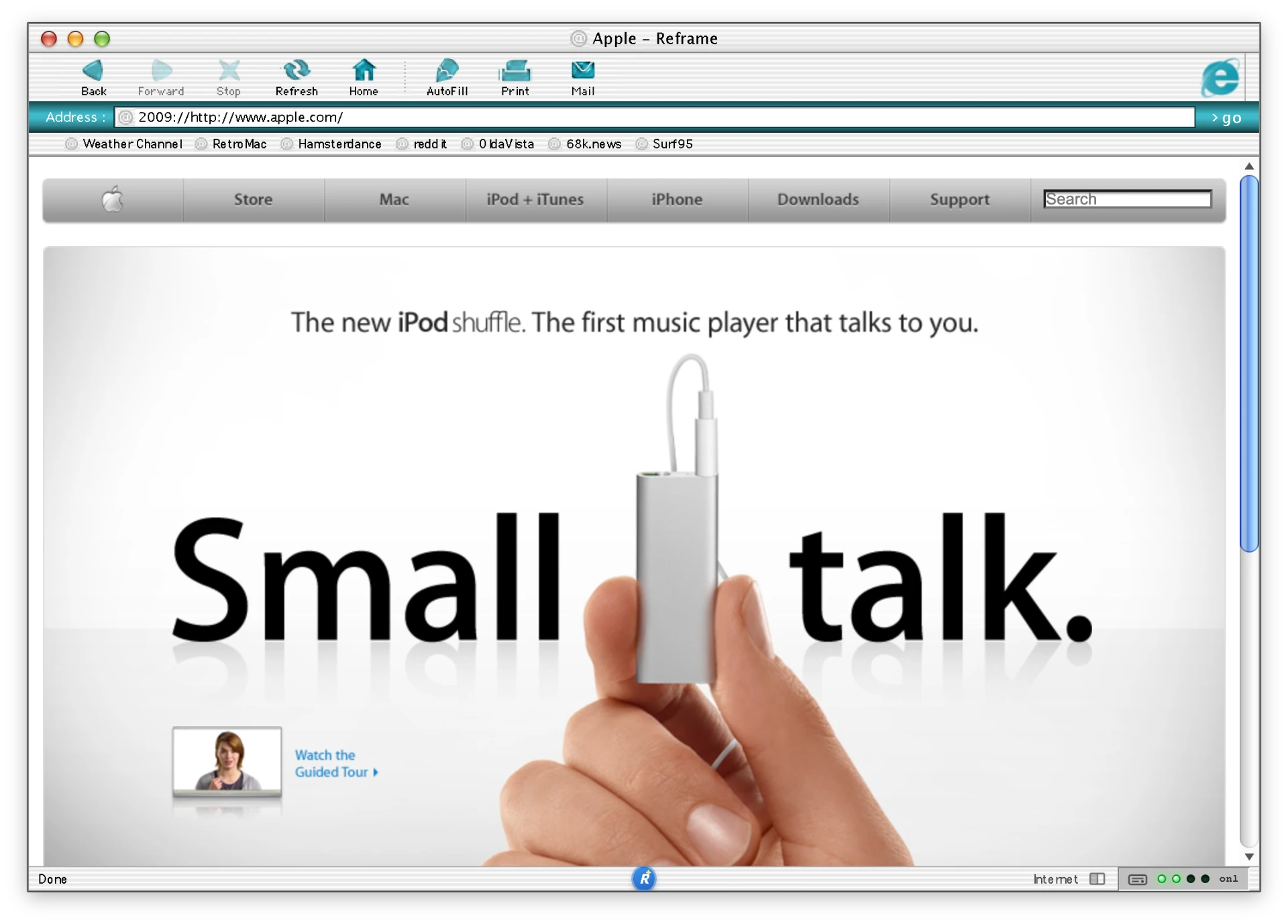 Reframe with Internet Explorer 5 for Mac OS X showing Apple's iPod shuffle page