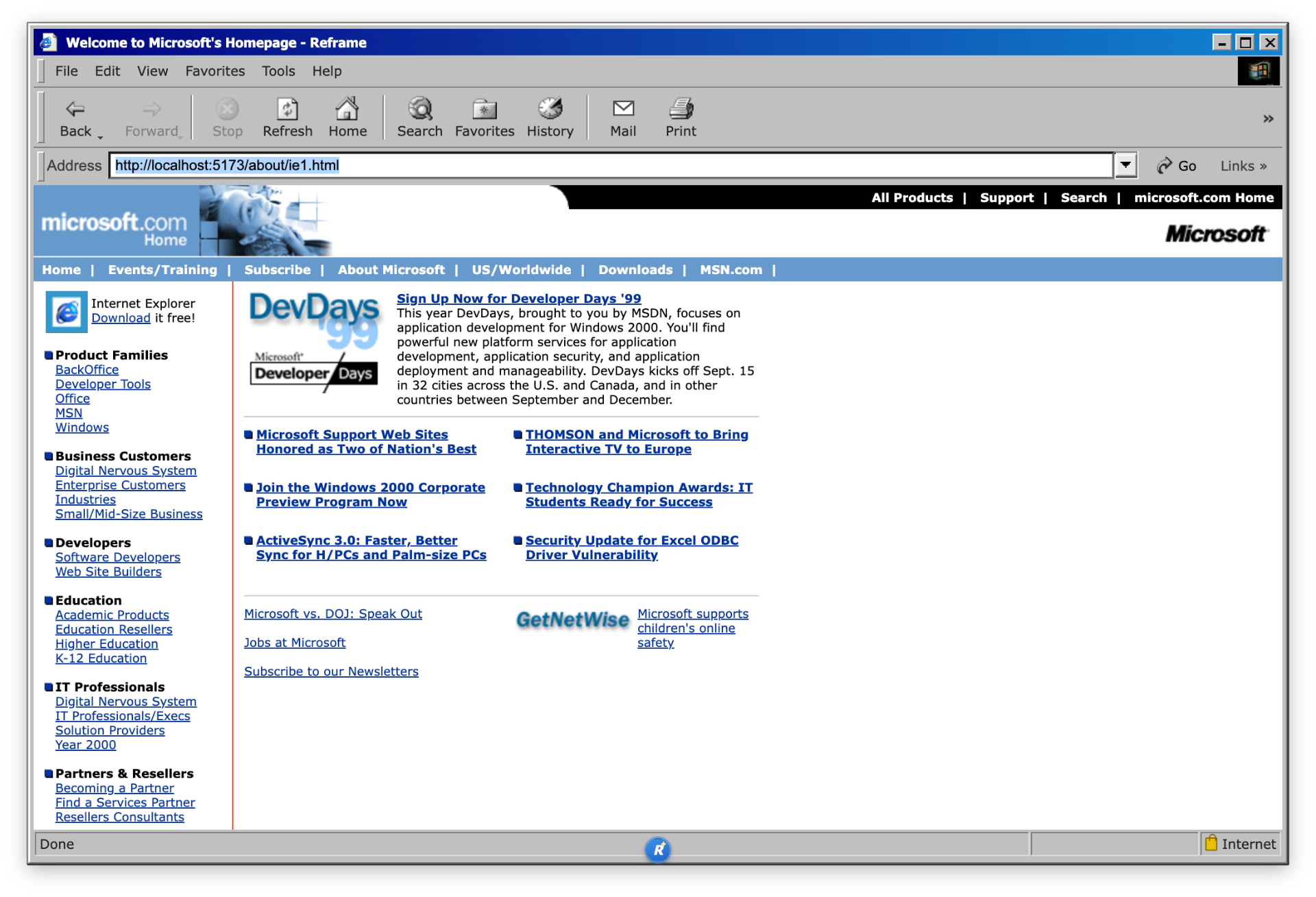Reframe with Internet Explorer 5 chrome showing microsoft.com