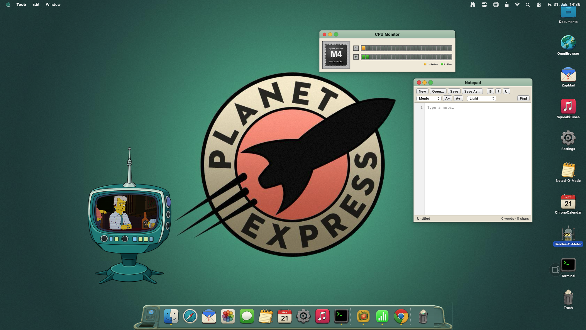 Futurama themed macOS desktop with Planet Express wallpaper, retro TV window and a custom dock