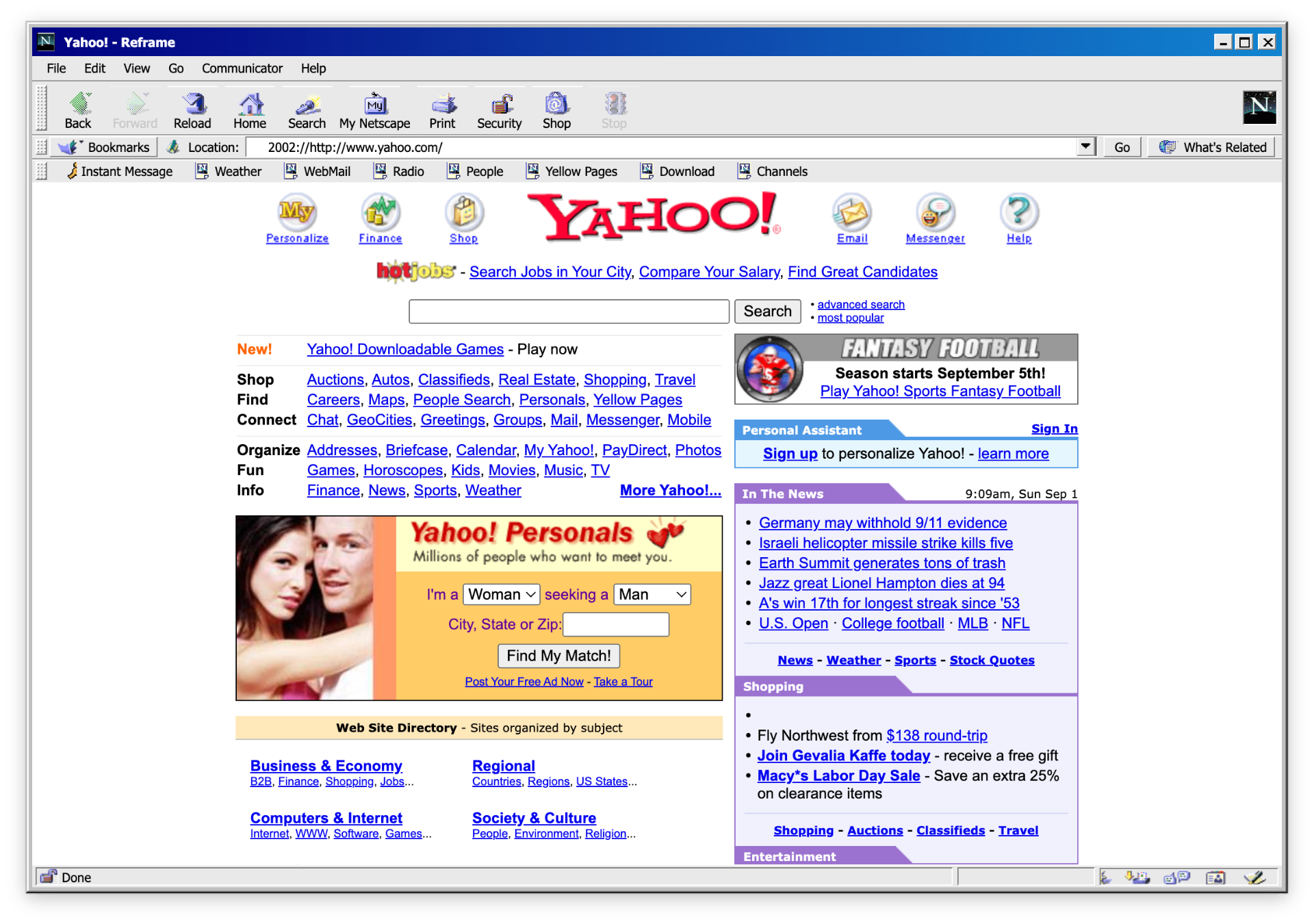 Reframe with Netscape Communicator 4.8 chrome showing Yahoo