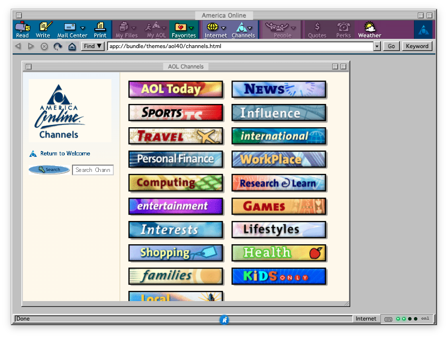 Reframe with AOL Desktop 4.0 chrome showing the AOL Channels page