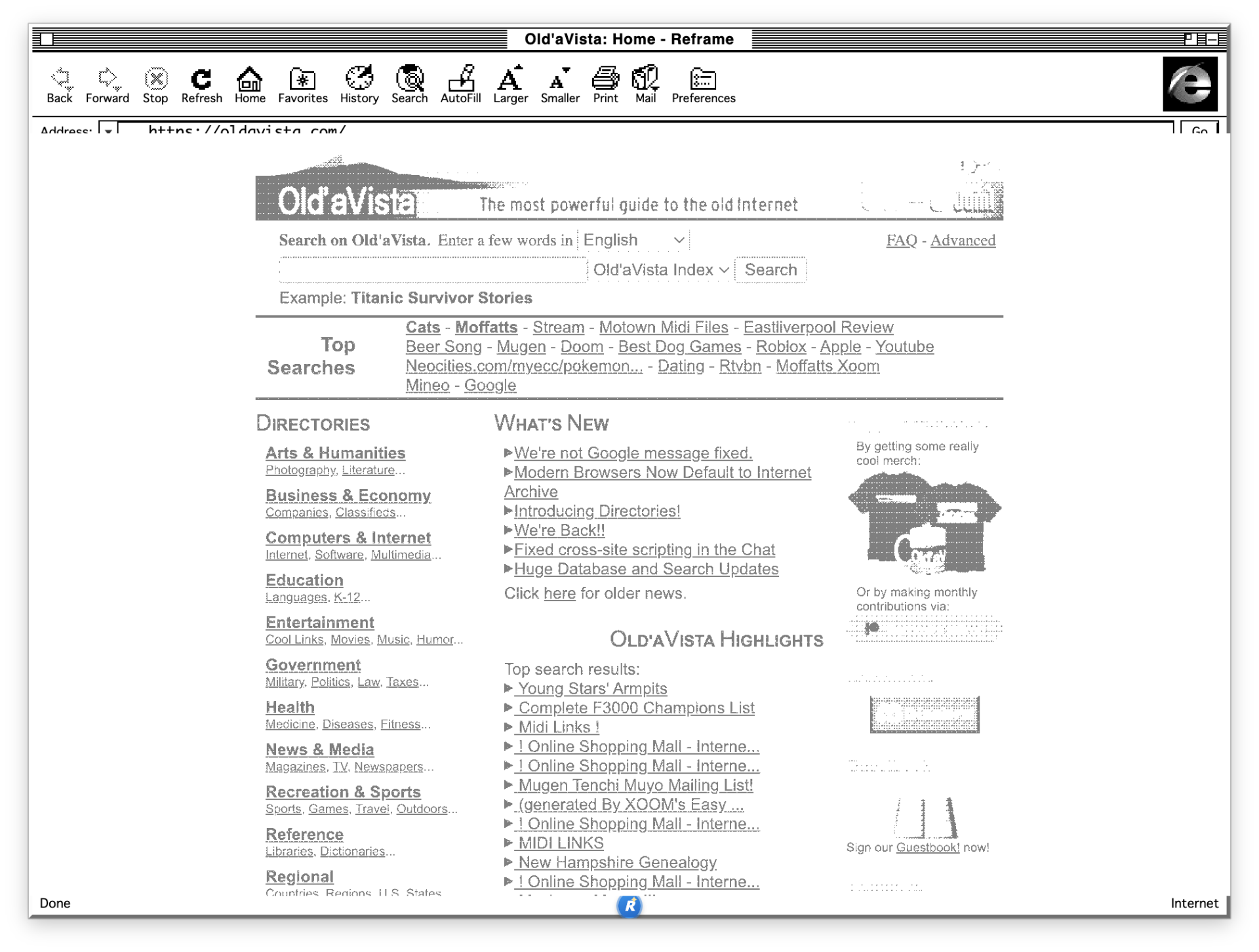 Reframe with Internet Explorer 4.5 for Mac in classic monochrome System 6 look