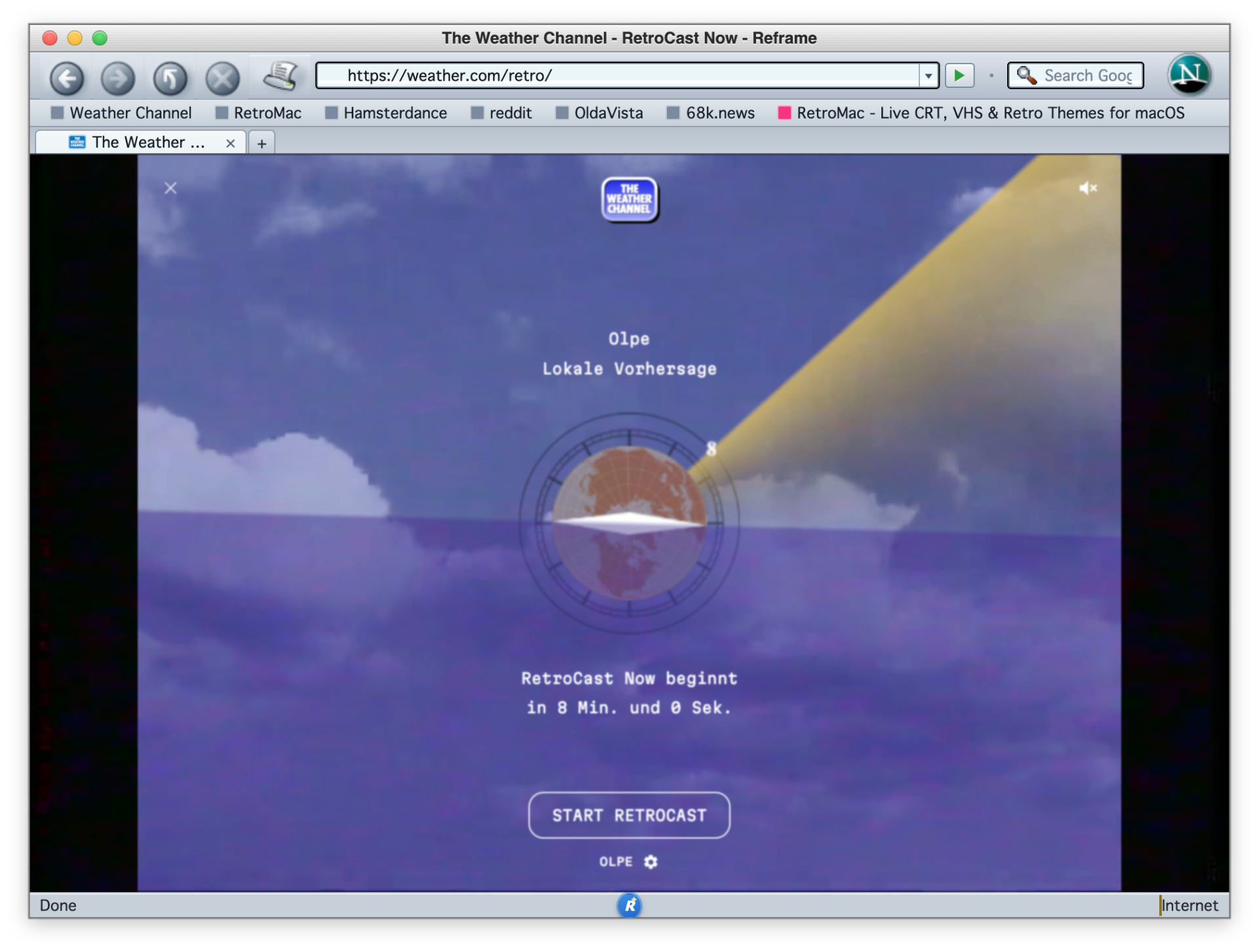 Reframe with Netscape 7.02 for Mac chrome showing weather.com RetroCast