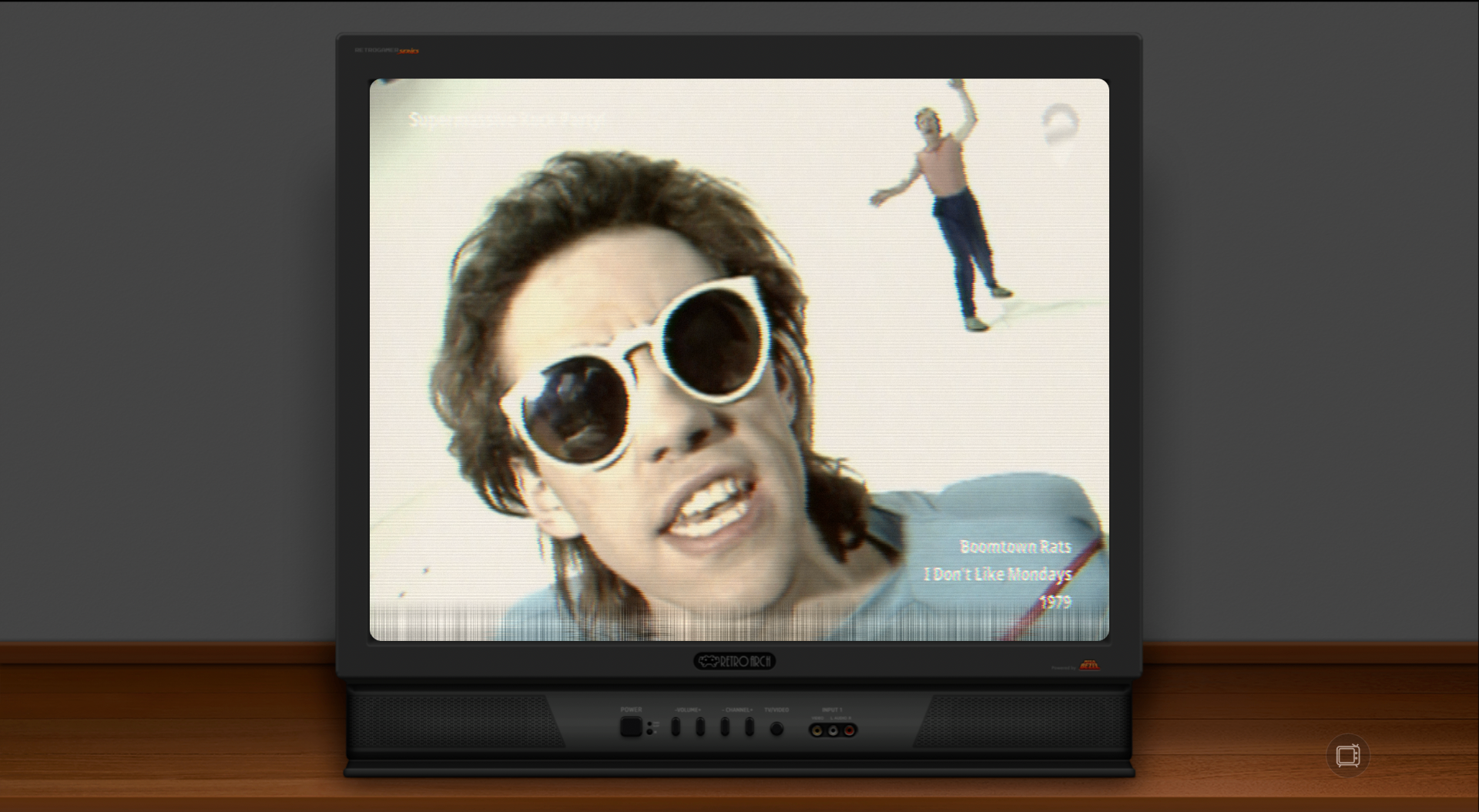 RetroMac Tube Mode fullscreen — CRT TV playing a music video