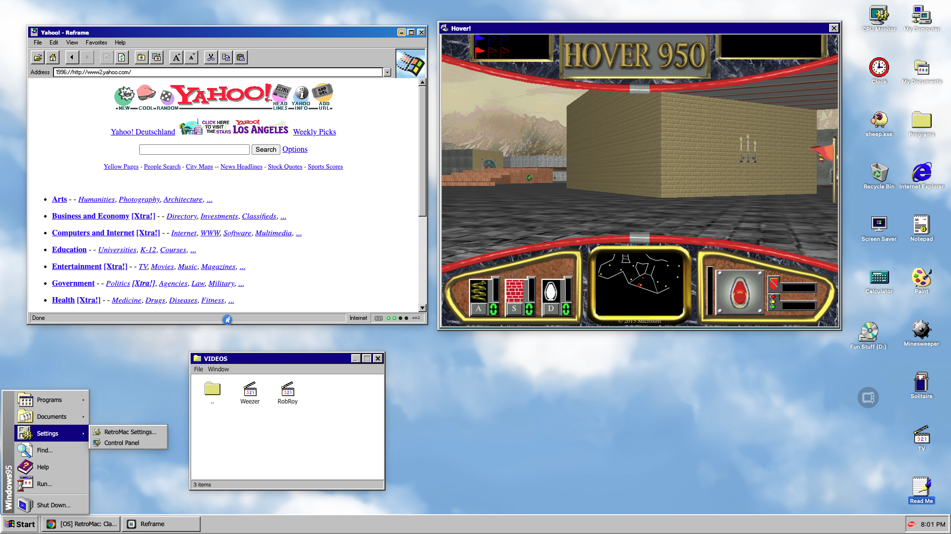 Windows 95 desktop theme on macOS with the classic Start button, taskbar and grey window chrome
