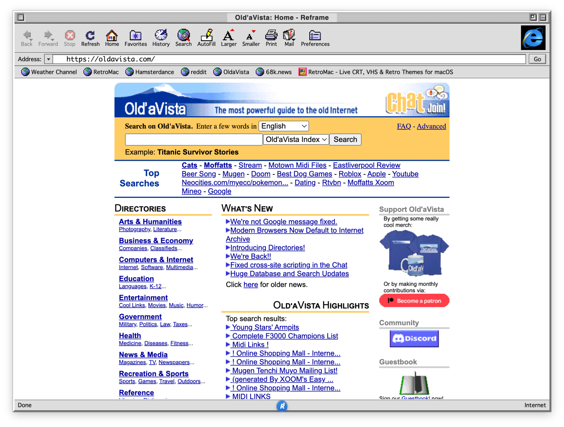 Reframe with Internet Explorer 4.5 for Mac chrome showing Old'aVista