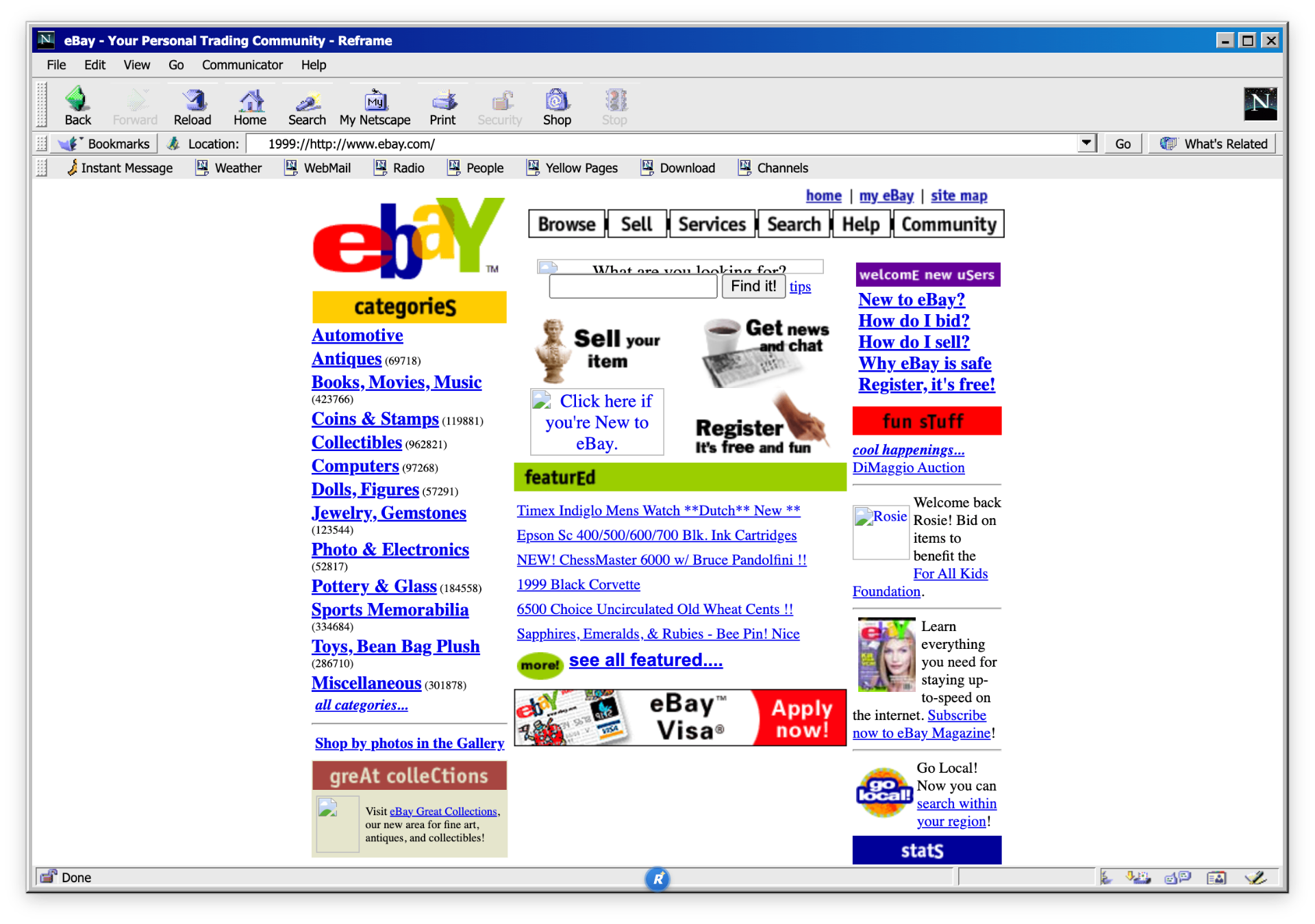 Reframe browser running the Netscape Communicator theme on eBay's 1999 homepage