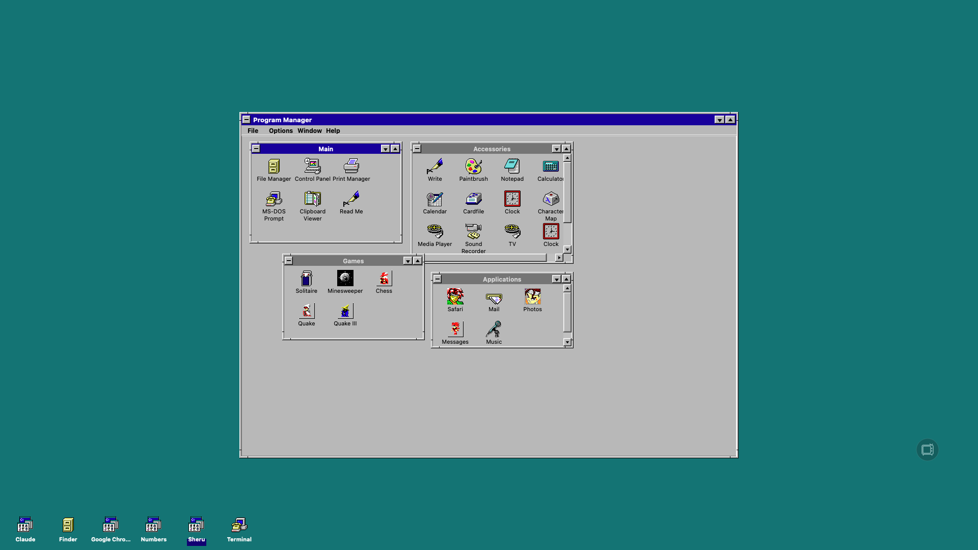 Windows 3.1.1 desktop theme on macOS with the Program Manager, Main, Accessories and Games groups on a teal background