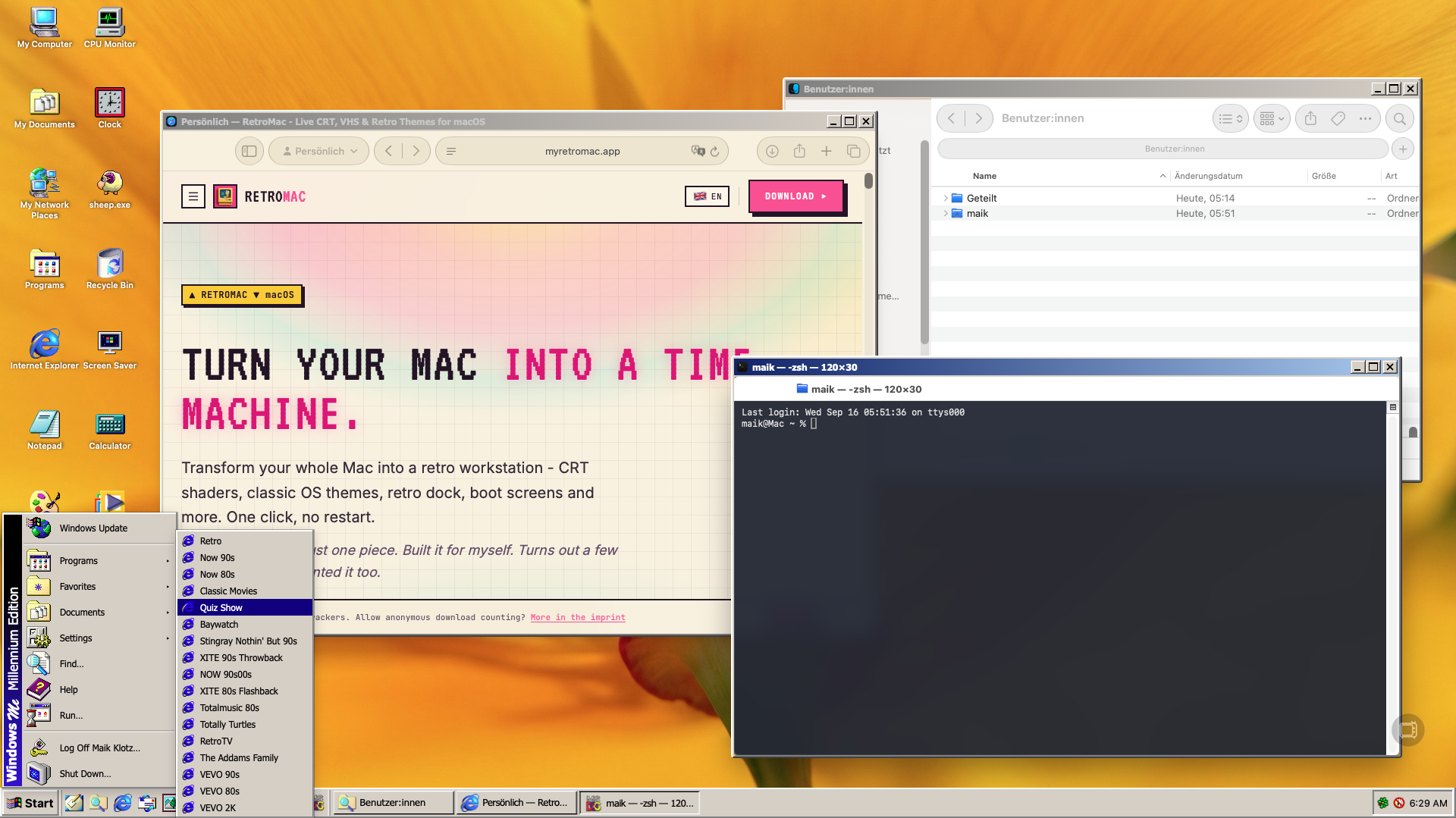 Windows Me theme on macOS with authentic Windows title bars on modern app windows