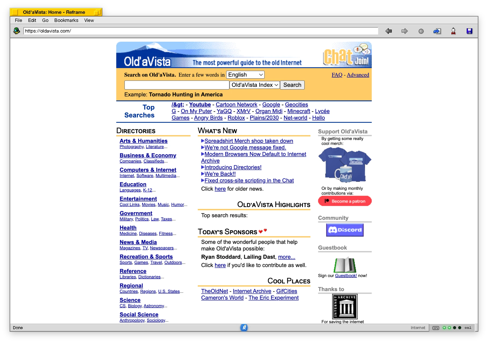 Reframe with BeOS-style browser showing Old'aVista