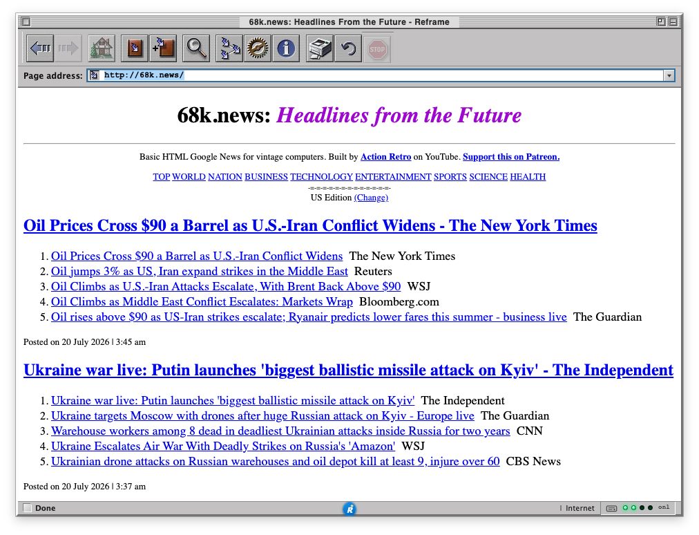 Reframe with classic OmniWeb chrome showing 68k.news headlines