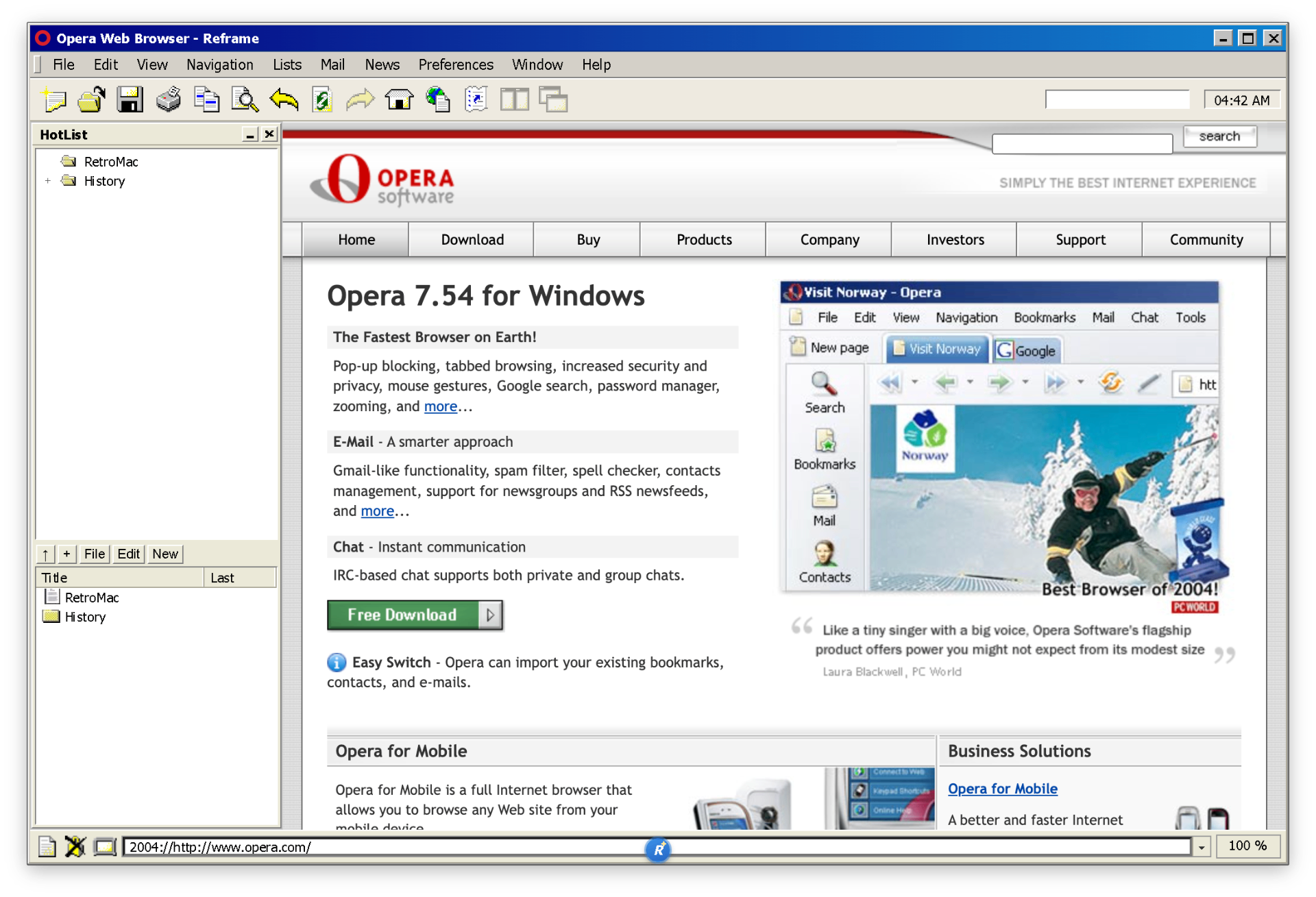 Reframe with Opera 1.0 chrome showing opera.com