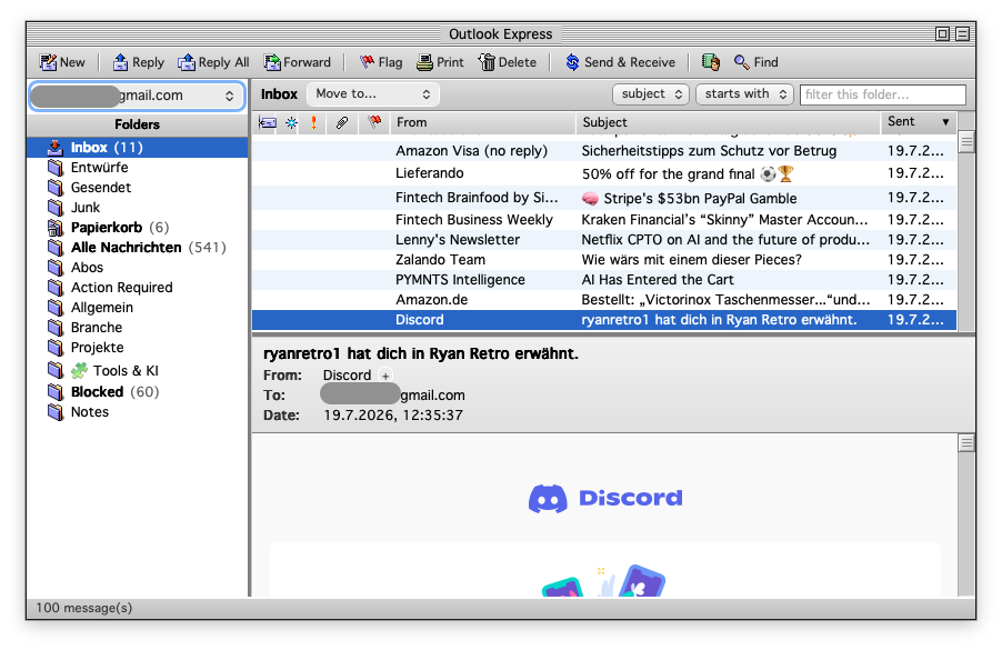 Reframe Mail running the Outlook Express 5 for Mac theme with a classic inbox view