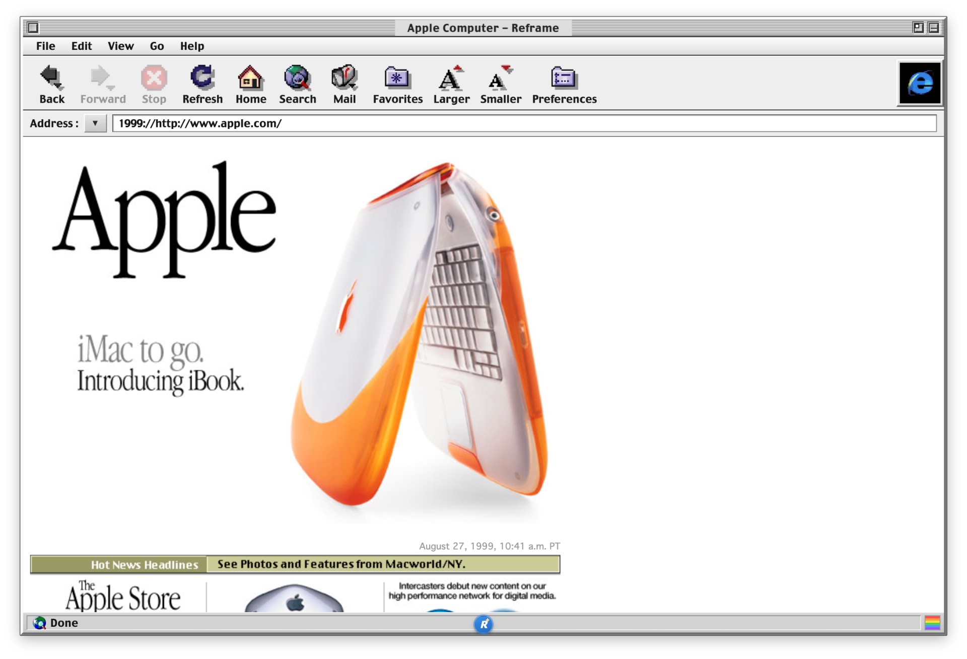 Reframe with Internet Explorer 4 for Mac chrome showing apple.com