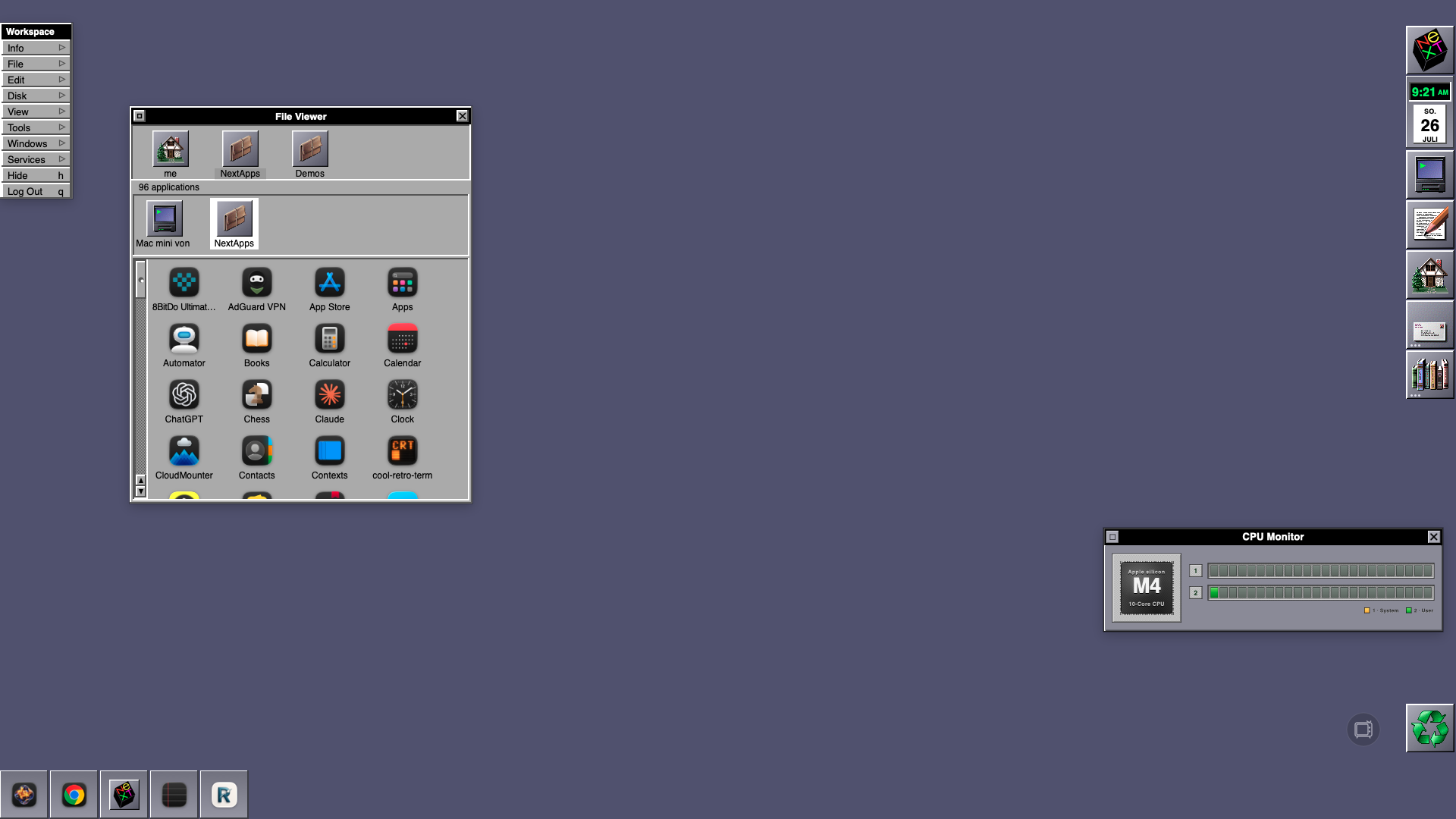 NeXTSTEP desktop theme on macOS with the classic grey granite workspace, file viewer and floating menus