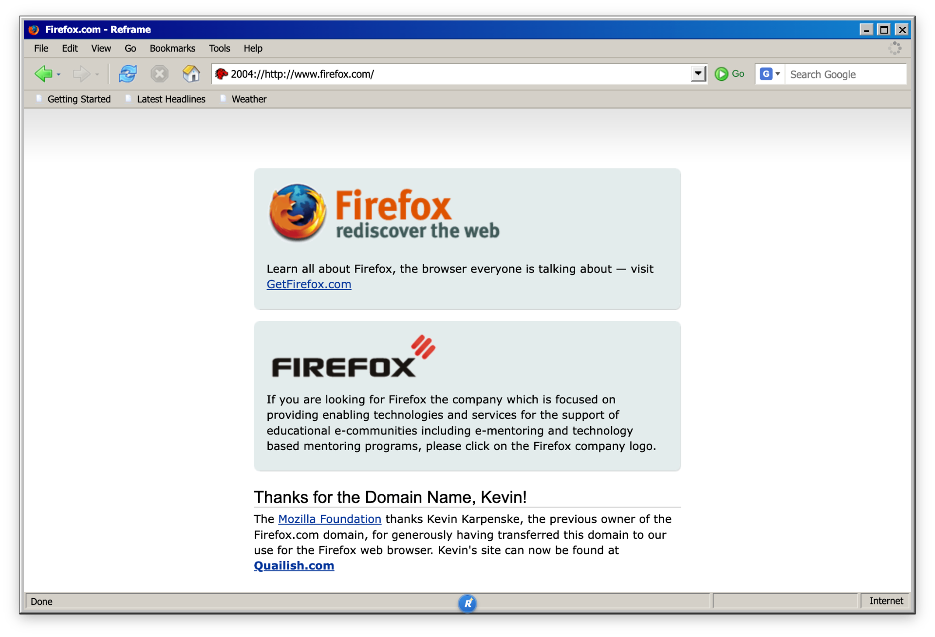 Reframe with Firefox 1.0 chrome showing firefox.com