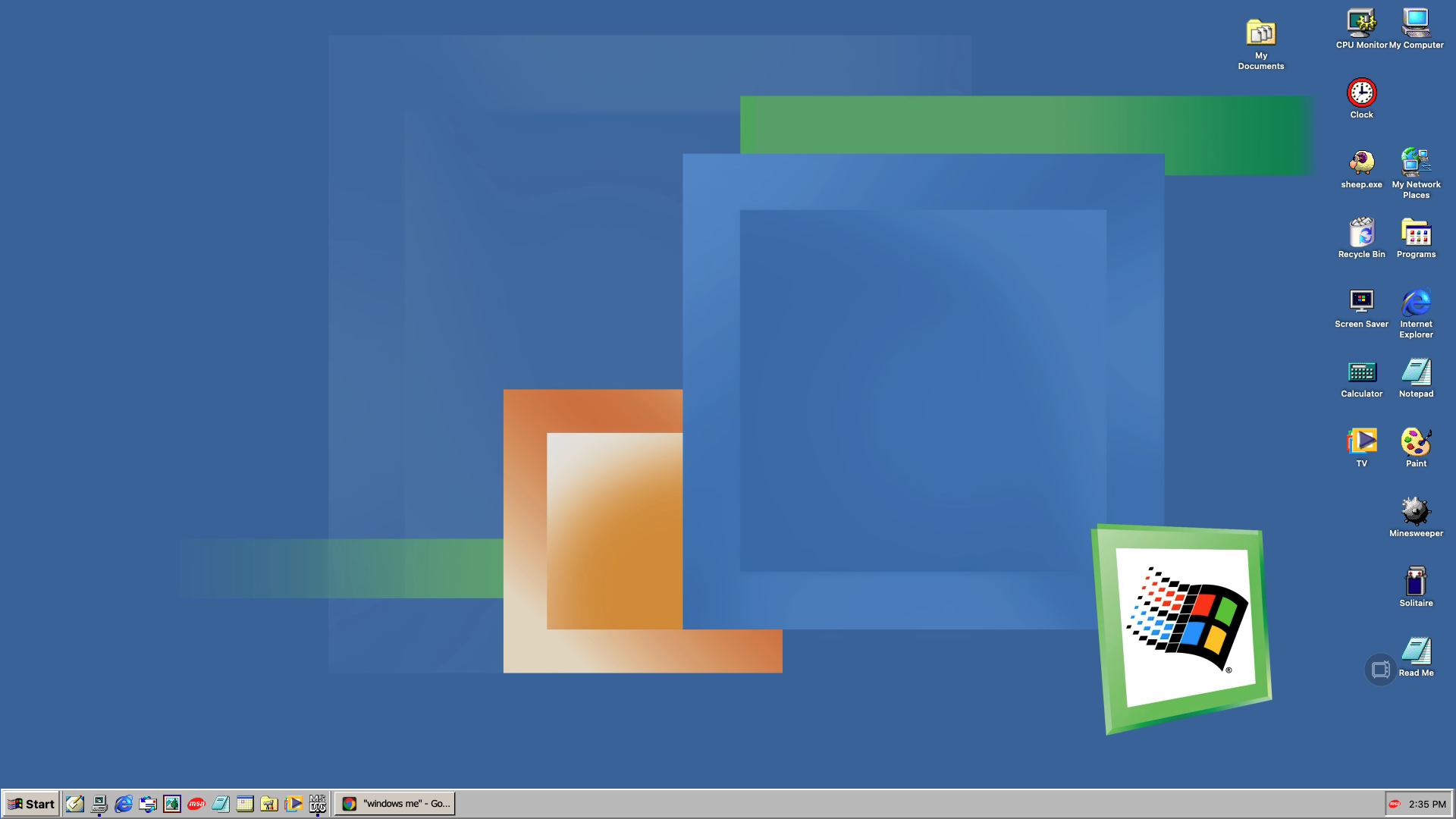 Windows ME desktop theme on macOS with the classic blue wallpaper, desktop icons and Start taskbar