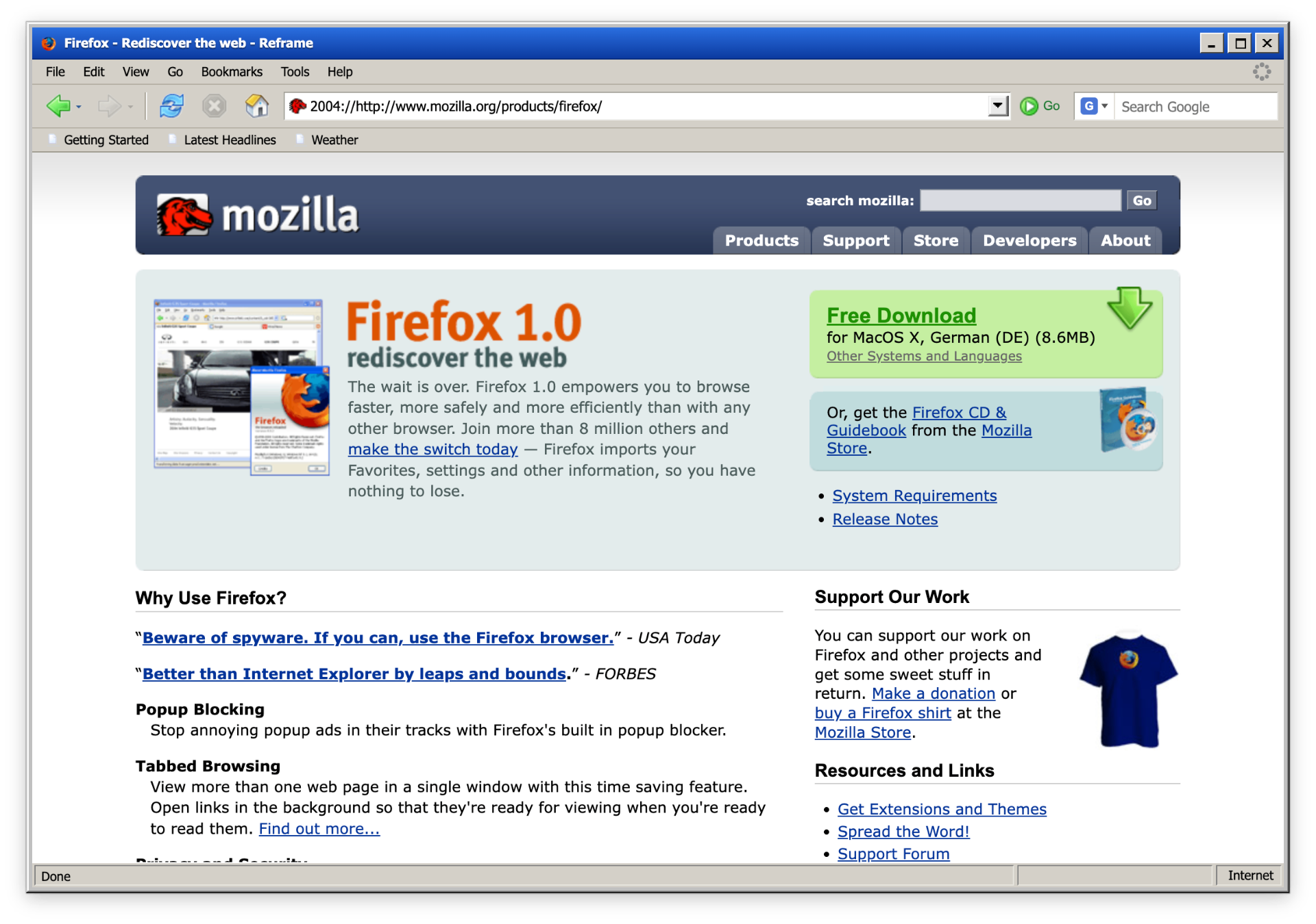 Reframe with Firefox 1.0 chrome showing mozilla.org