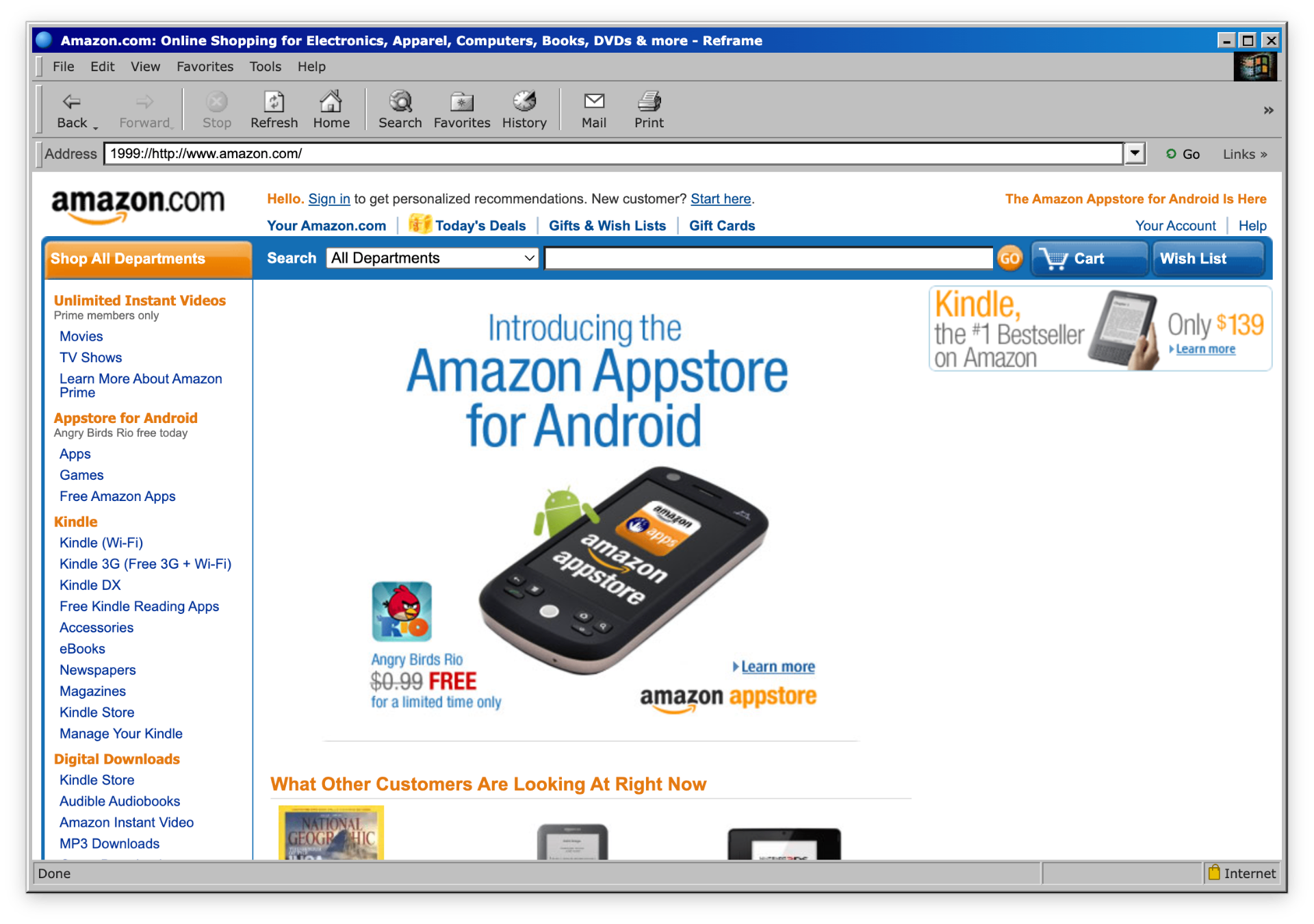 Reframe with Internet Explorer 5.0 chrome showing Amazon